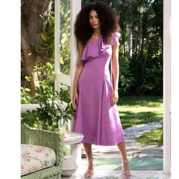New VERONICA BEARD Beilla Ruffled-Sleeve Midi-Dress, Vivid Orchid, Size 00 - Picture 1 of 16